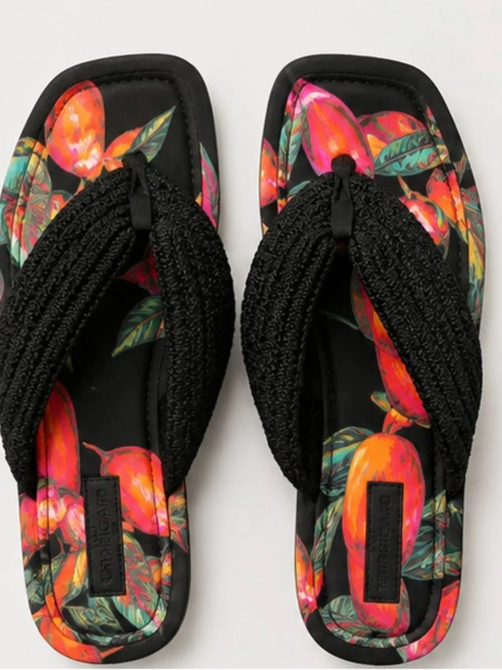 FARM Rio Black Knit-Striped Floral-Print Flip Flops